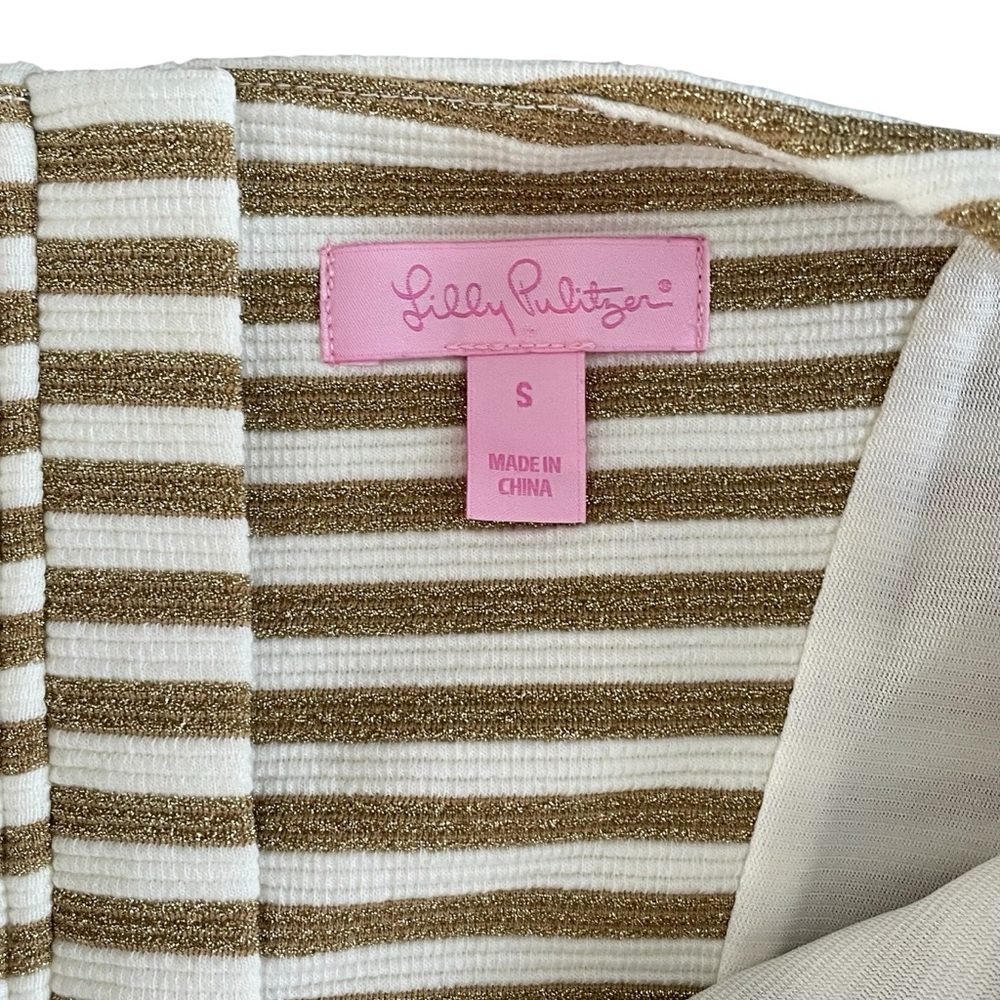 Lilly Pulitzer Cream & Gold Striped wide strap split neck tailored Mini Dress S - Picture 8 of 13